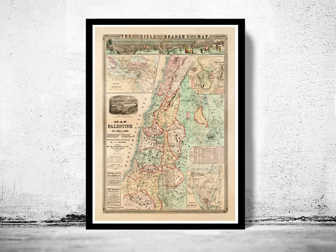 Bible Readers Map Palestine Jerusalem, 1873, Middle East, Religious, Thematic